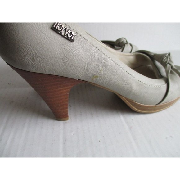 *HoyVoy Beige Taupe Leather Pumps Peep Toe Twisted Knot Vamp Stacked Heel - EU40 - Picture 10 of 10